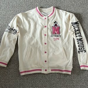 Classic Disney Embroidered Mickey Mouse Bomber Varsity Jacket Top Cream Pink
